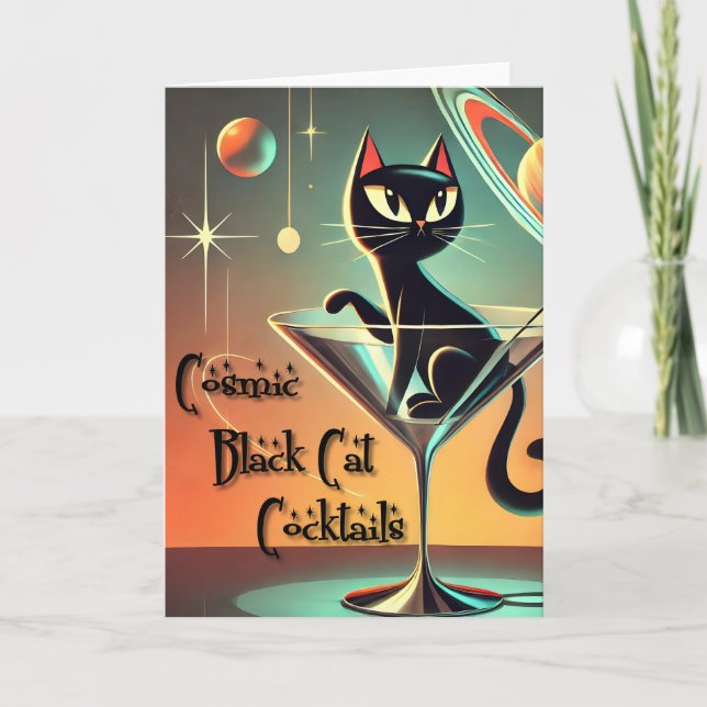 Atomic Futuristic Cosmic Black Cat Cocktails Card (Front)