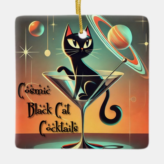 Atomic Futuristic Cosmic Black Cat Cocktails Ceramic Ornament (Front)