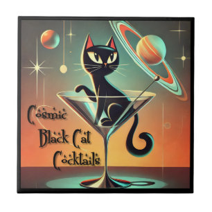 Atomic Futuristic Cosmic Black Cat Cocktails Ceramic Tile