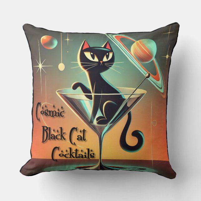 Atomic Futuristic Cosmic Black Cat Cocktails Cushion (Front)