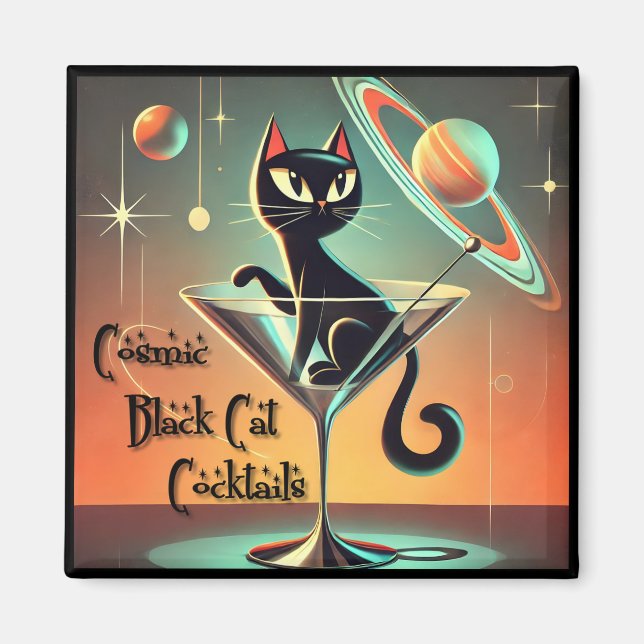 Atomic Futuristic Cosmic Black Cat Cocktails Magnet (Front)