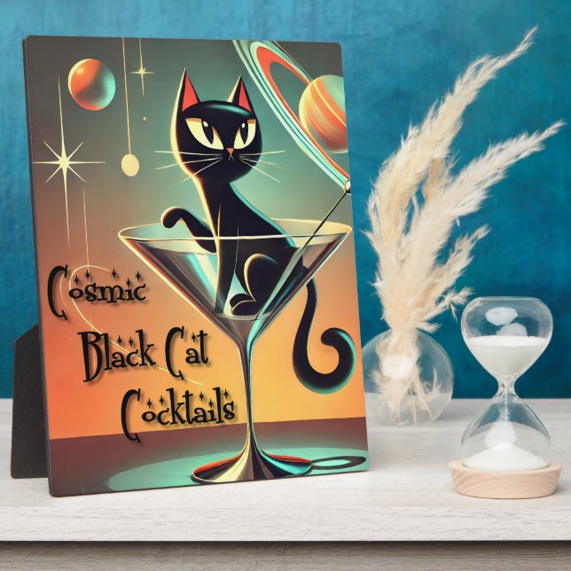 Atomic Futuristic Cosmic Black Cat Cocktails Plaque (Side)