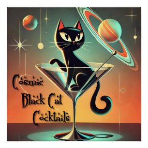 Atomic Futuristic Cosmic Black Cat Cocktails Poster