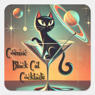 Atomic Futuristic Cosmic Black Cat Cocktails Square Sticker