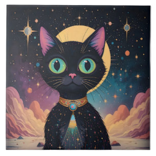 Atomic Futuristic Cosmic Black Cat in Moonlight Ceramic Tile