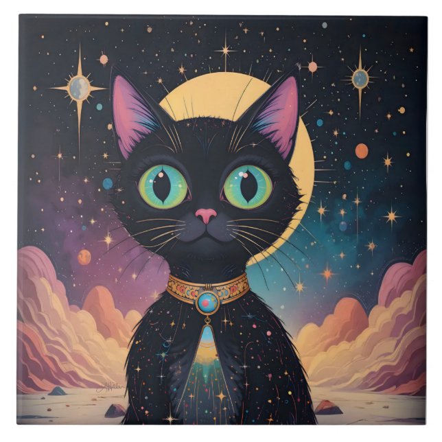 Atomic Futuristic Cosmic Black Cat in Moonlight Ceramic Tile (Front)