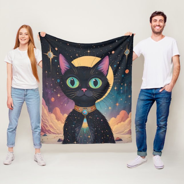 Atomic Futuristic Cosmic Black Cat in Moonlight Fleece Blanket (In Situ)