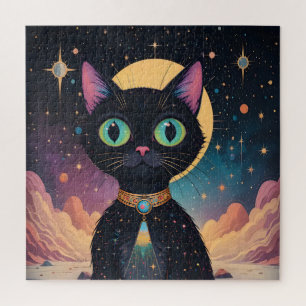 Atomic Futuristic Cosmic Black Cat in Moonlight Jigsaw Puzzle