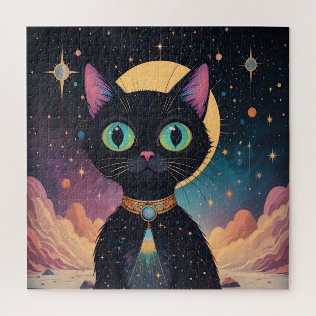 Atomic Futuristic Cosmic Black Cat in Moonlight Jigsaw Puzzle (Vertical)