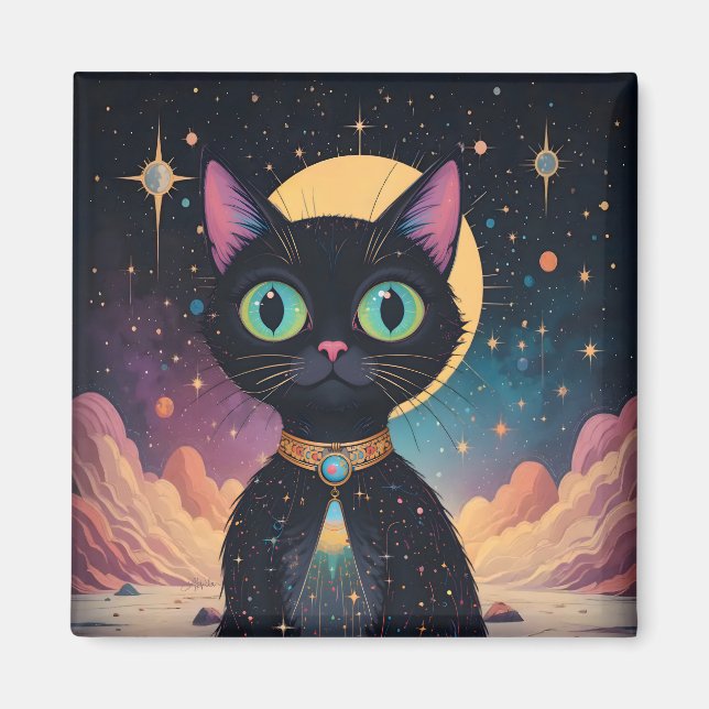 Atomic Futuristic Cosmic Black Cat in Moonlight Magnet (Front)