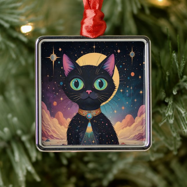 Atomic Futuristic Cosmic Black Cat in Moonlight Metal Ornament (Tree)