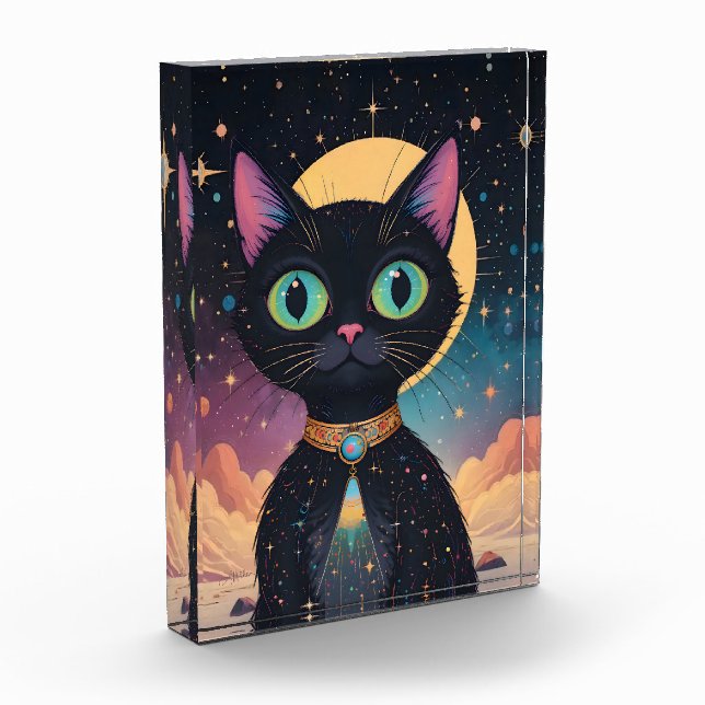 Atomic Futuristic Cosmic Black Cat in Moonlight Photo Block (Left)