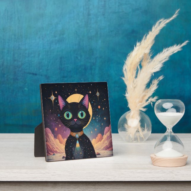 Atomic Futuristic Cosmic Black Cat in Moonlight Plaque (Insitu)
