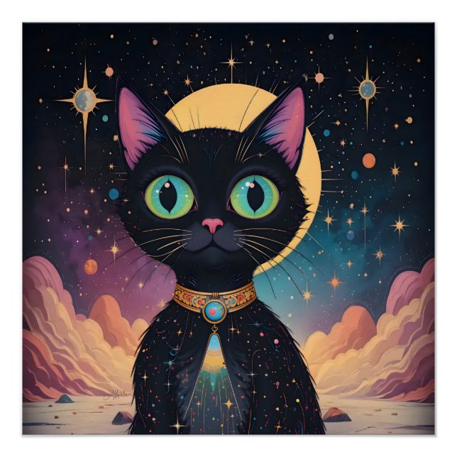 Atomic Futuristic Cosmic Black Cat in Moonlight Poster (Front)