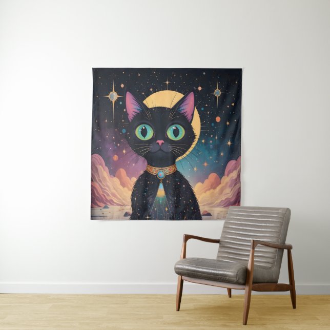 Atomic Futuristic Cosmic Black Cat in Moonlight Tapestry (In Situ)