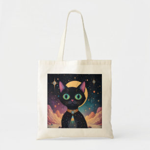 Atomic Futuristic Cosmic Black Cat in Moonlight Tote Bag