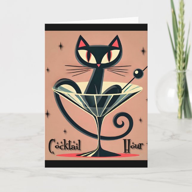 Atomic Futuristic Space Age Black Cat Martini Card (Front)
