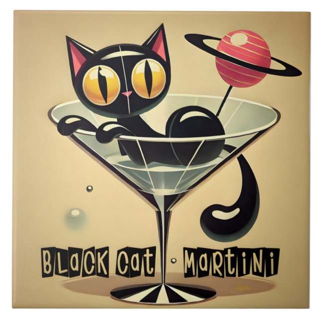Atomic Futuristic Space Age Black Cat Martini Ceramic Tile (Front)