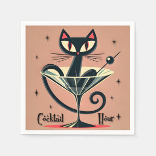 Atomic Futuristic Space Age Black Cat Martini Napkin