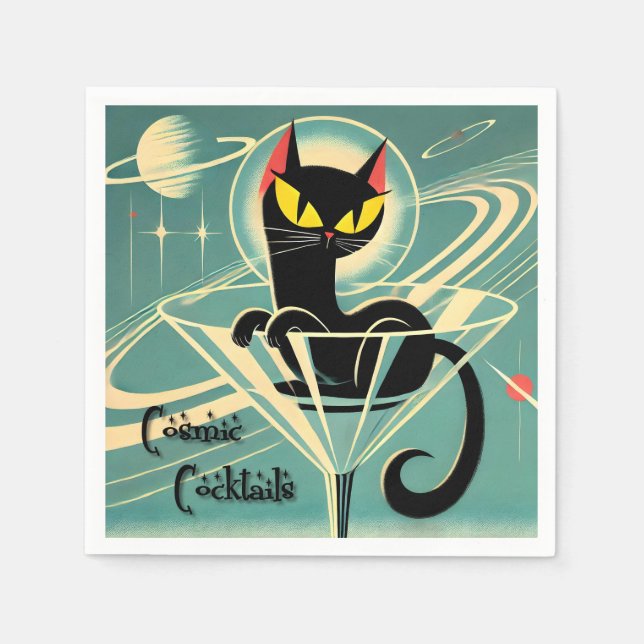 Atomic Futuristic Space Age Black Cat Martini Napkin (Front)