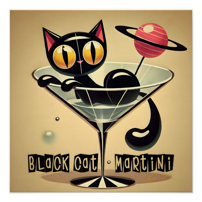 Atomic Futuristic Space Age Black Cat Martini Poster (Front)