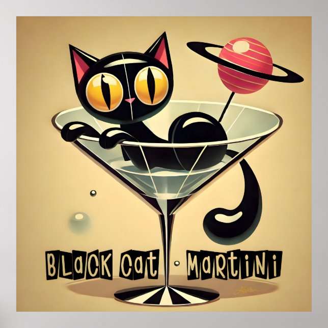 Atomic Futuristic Space Age Black Cat Martini Poster (Front)