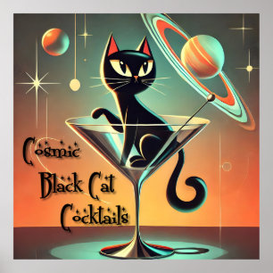 Atomic Futuristic Space Age Black Cat Martini Poster