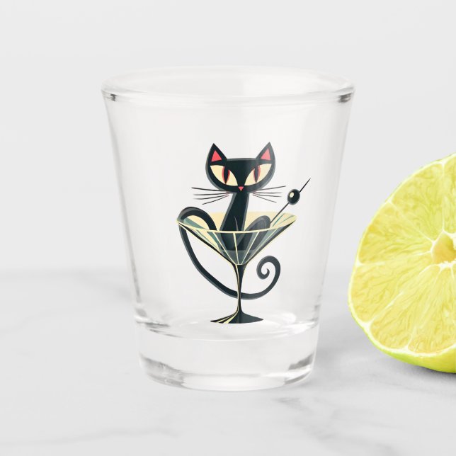 Atomic Futuristic Space Age Black Cat Martini  Shot Glass (Front)