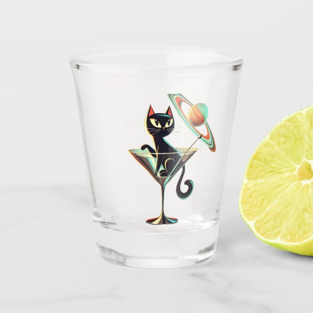 Atomic Futuristic Space Age Black Cat Martini Shot Glass (Front)
