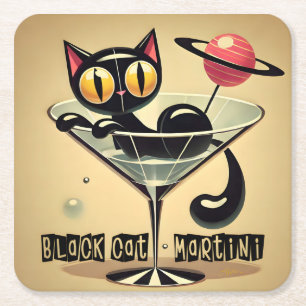 Atomic Futuristic Space Age Black Cat Martini Square Paper Coaster