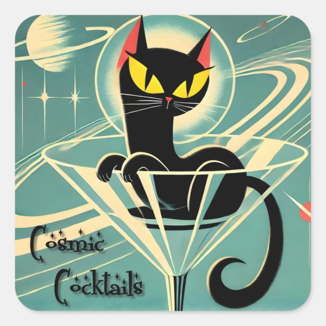 Atomic Futuristic Space Age Black Cat Martini Square Sticker (Front)