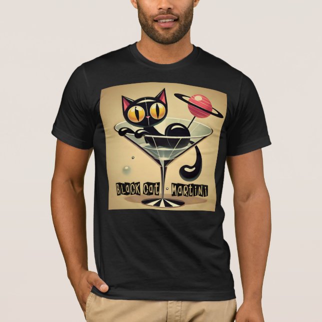 Atomic Futuristic Space Age Black Cat Martini T-Shirt (Front)
