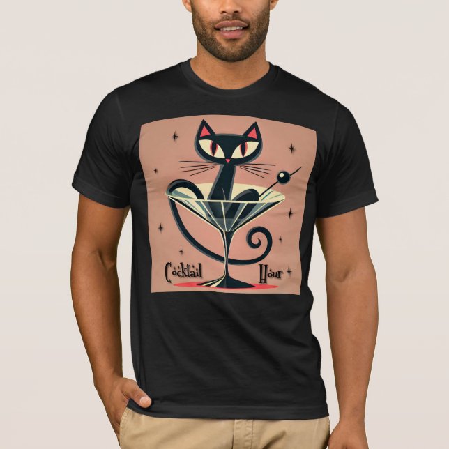Atomic Futuristic Space Age Black Cat Martini T-Shirt (Front)