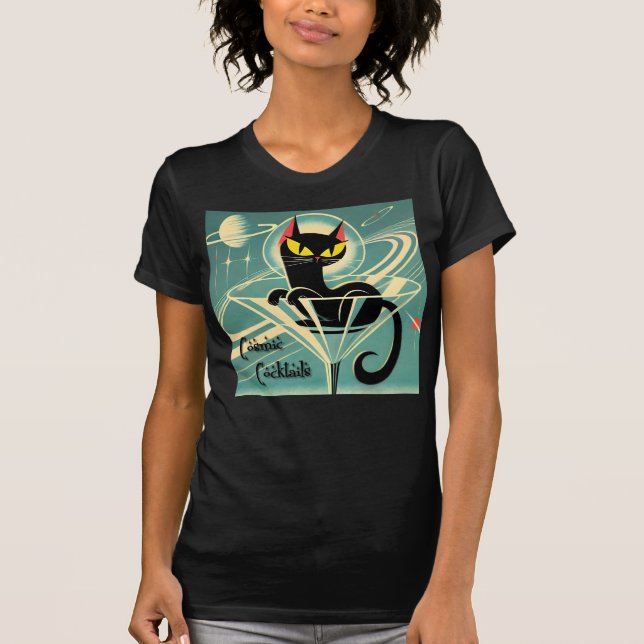Atomic Futuristic Space Age Black Cat Martini T-Shirt (Front)