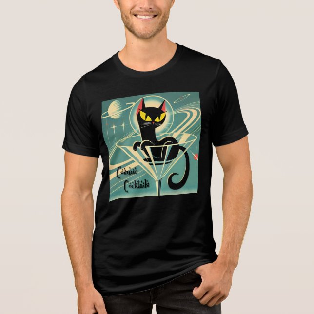 Atomic Futuristic Space Age Black Cat Martini Tri-Blend Shirt (Front)