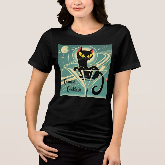 Atomic Futuristic Space Age Black Cat Martini Tri-Blend Shirt (Front)