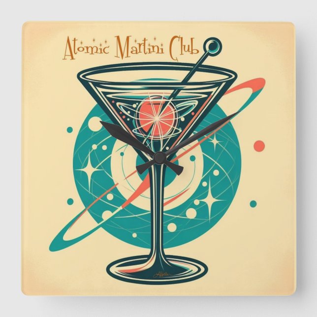 Atomic Martini Club Space Age Square Wall Clock (Front)