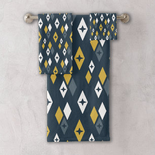 Atomic MCM Diamonds Pattern Navy, Mustard Yellow Bath Towel Set
