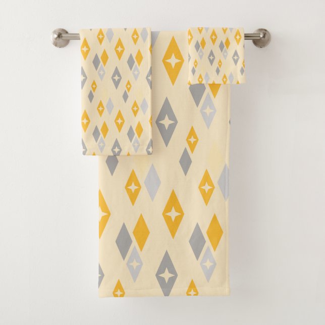 Atomic MCM Diamonds Pattern Yellow, Grey Bath Towel Set (Insitu)
