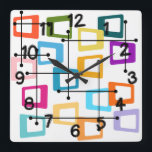 Atomic Mid-Century Modern Square Wall Clock<br><div class="desc">This wall clock has a design of rectangles that are stretched on one end in groovy colors,  orange,  green,  teal,  purple,  blue,  pink,  and yellow with atomic lines crisscrossing them.</div>