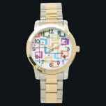 Atomic Mid-Century Modern Watch<br><div class="desc">This men's watch has a design of rectangles that are stretched on one end in groovy colours,  orange,  green,  teal,  purple,  blue,  pink,  and yellow with atomic lines crisscrossing them.</div>