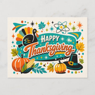 Atomic Mid Century Thanksgiving Turkey Pumpkin Holiday Postcard