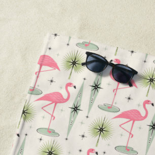 Atomic Oasis with Pink Flamingos Beach Towel