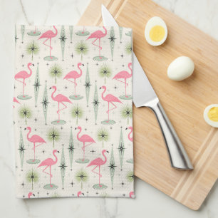 Atomic Oasis with Pink Flamingos Tea Towel