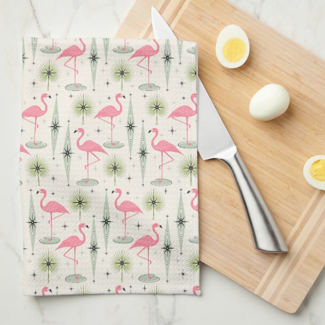 Atomic Oasis with Pink Flamingos Tea Towel (Quarter Fold)
