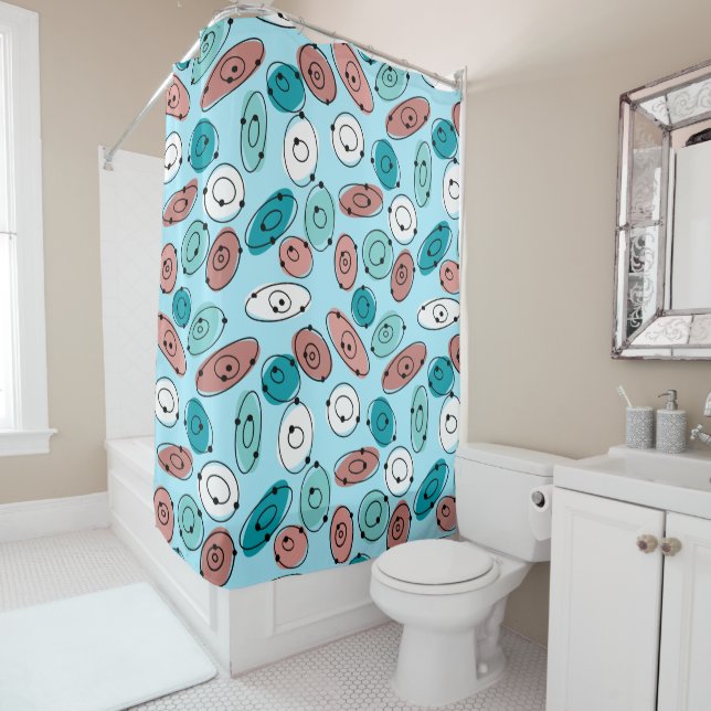 Atomic Ovals Turquoise Shower Curtain (In Situ)