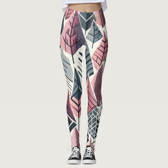 Atomic Pink Grey Geometric Trees Pattern Leggings (Front)