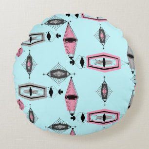 Atomic Pink & Grey Pattern Round Pillow