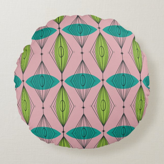 Atomic Pink Ogee and Starbursts Round Pillow (Front)