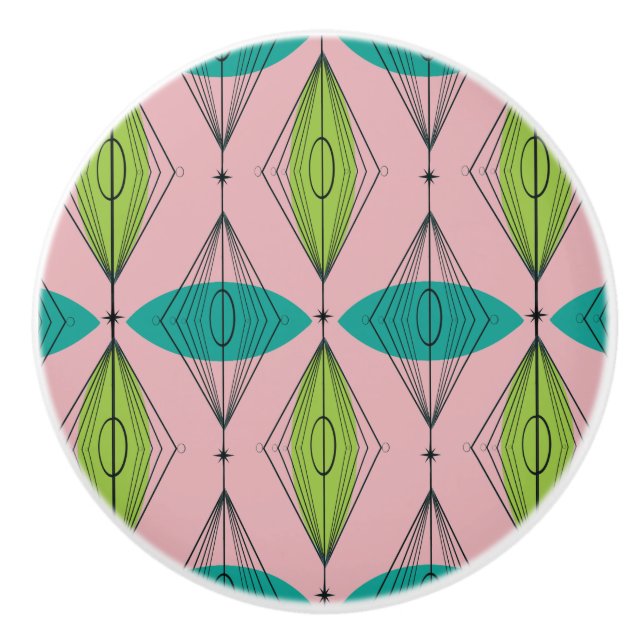 Atomic Pink Ogee & Starbursts Ceramic Knob (Front)